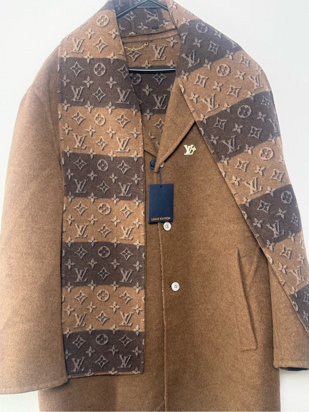 Louis Vuitton Brown Wool Pea Coat with Monogram Scarf